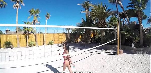  POVD Backyard badminton massage anal fuck with busty Anissa Kate